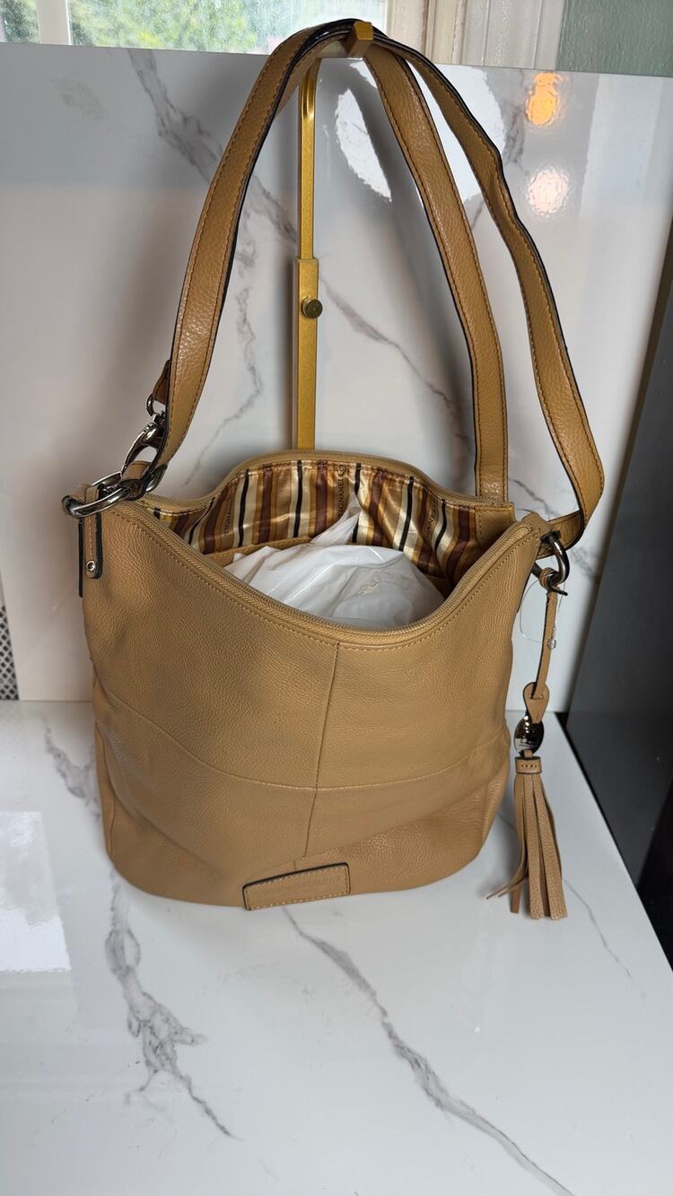 Tignanello Tan Pebbled Leather Hobo Shoulder Bag Purse Striped Lining Tassel